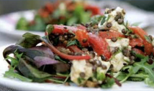 Puy Lentil, Red Pepper and Goat’s Cheese Salad with Wild Garlic Pesto